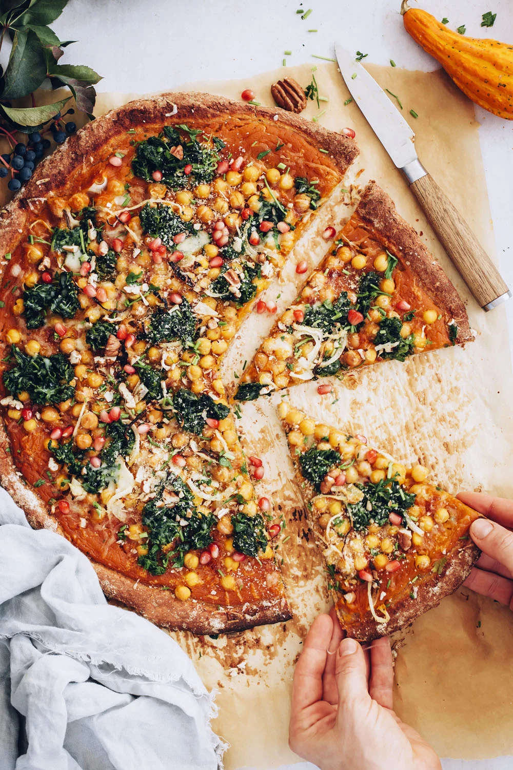 Professional food photography of Pumpkin Pizza with Chickpeas 3 for Hello Glow by Ana Stanciu - focusing on textures and natural colors.